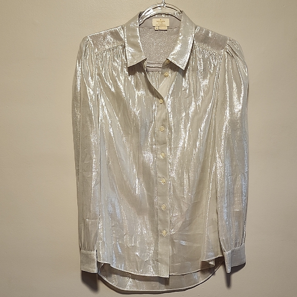 Stunning Kate Spade Shimmering Sheer Silver Long Sleeve Blouse - Picture 3 of 10